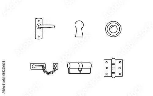 Collection of simple line art icons representing door hardware and security elements