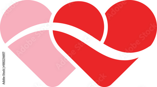 Two intertwined hearts symbolizing love, romance, partnership, and relationship in pink and red colors