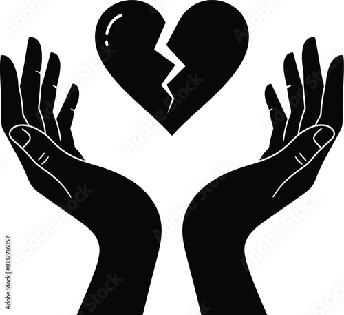 Hands holding a broken heart silhouette icon, symbol of love loss, sadness, and emotional pain, graphic design element