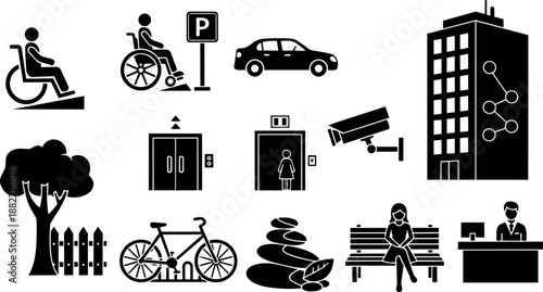 Black silhouette icons including wheelchair user on ramp parking sign car building tree bike stacked stones woman sitting bench receptionist desk