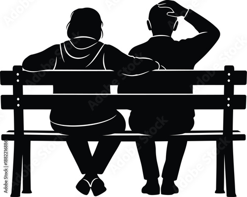 Silhouette of an elderly couple sitting together on a park bench, viewed from behind