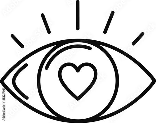 Line art icon of an eye with a heart in the pupil, symbolizing love, vision, or insight