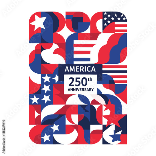 A colorful graphic design celebrating america 250th anniversary with red, white, and blue stars, stripes, and text on a white background. Perfect for posters, social media posts, and