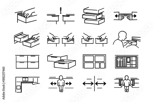 Workflow vector icon organization awareness silhouette icons kitchen space use focus drawers