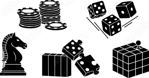 Black and white vector icons set showing poker chips stack, rolling dice, chess knight, dominoes, puzzle pieces, and joystick cube design