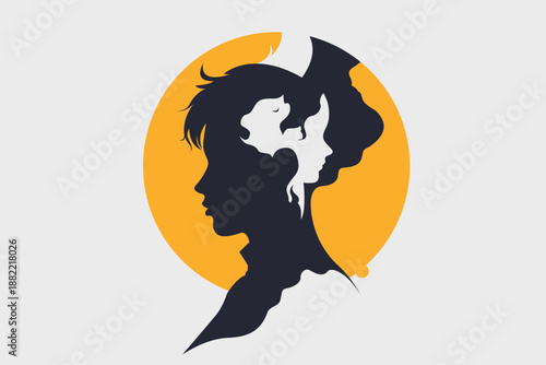 Surreal inner child silhouette: adult profile containing child and cat faces within yellow circle on gray background minimalist vector art
