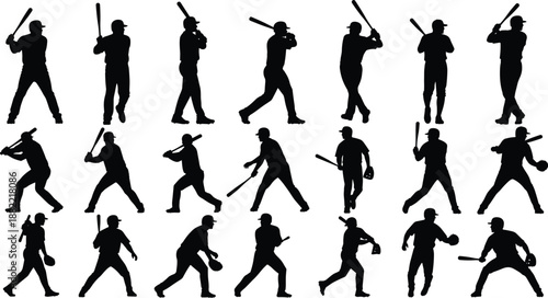 Baseball player silhouette collection showing batting, pitching, throwing, catching, and defensive action poses isolated on white background for professional sports design