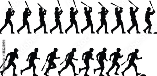 Baseball player silhouette sequence showing batting swing and running motion, dynamic sports action poses of athletes isolated on white background for training concepts