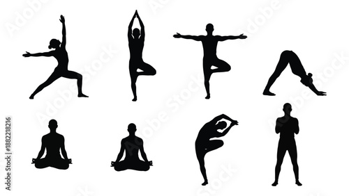 silhouettes depicting various yoga poses showcasing different postures and meditation techniques