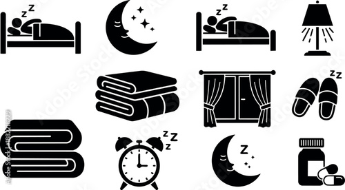 Black silhouette sleeping person in bed with zzz symbols and night moon with stars and blanket stack and window with curtains and slippers and alarm clock and lamp and medicine bottle icons set