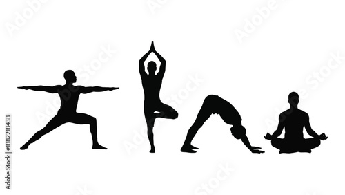silhouette depiction of a person practicing various yoga poses showing balance and flexibility