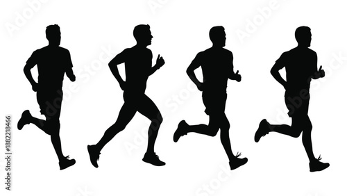 silhouette figures of four people running in a sequence depicting motion and athleticism