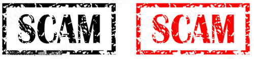 Red Scam Alert Fabricated Counterfeit Fake Rubber Stamp Grunge Texture Label Badge.