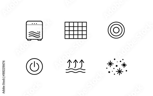 Set of six simple line icons representing appliance functions and controls