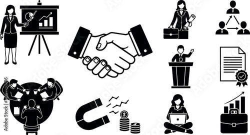Black and white vector icons of businesswoman presenting charts handshake teamwork roundtable meeting and contract with certificate document