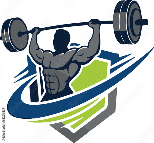 Bodybuilder Lifting Barbell Mascot Logo with Shield and Swoosh for Fitness, Gym, and Strength Training