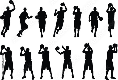 Basketball player silhouette set showing dribbling, jumping, passing and shooting actions, dynamic sports poses of athletes isolated on white background for training concepts