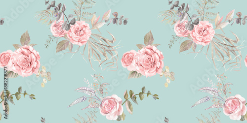 Seamless summer realistic botanical watercolor pattern with delicate roses and dried herbs for textiles and wallpaper. High quality illustration