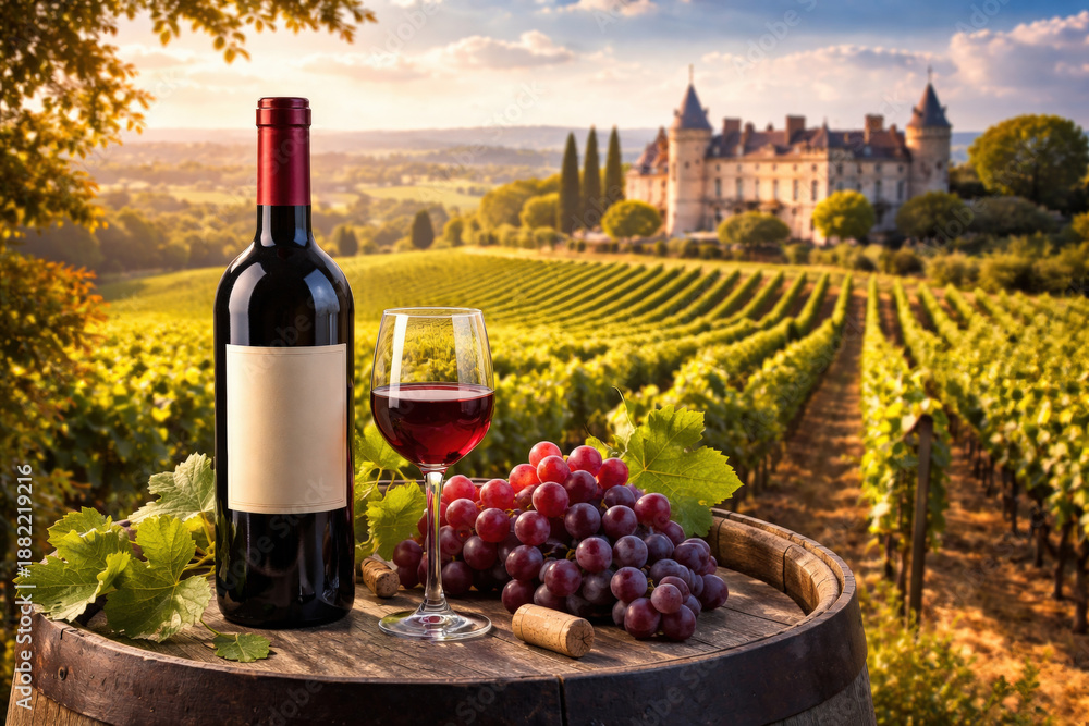 Naklejka premium Red wine with barrel on vineyard in green France, Bordeaux region