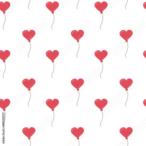 Romantic seamless pattern with red heart shaped balloons in flat style on white background for valentines day, wedding, birthday design