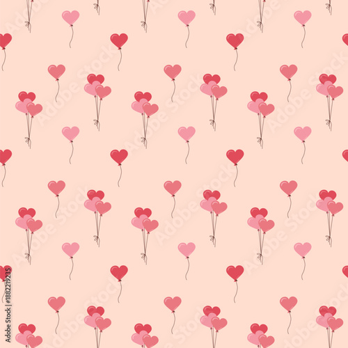 Love seamless pattern with red and pink heart shaped balloons in flat style on beige background for valentines day, wedding, birthday design