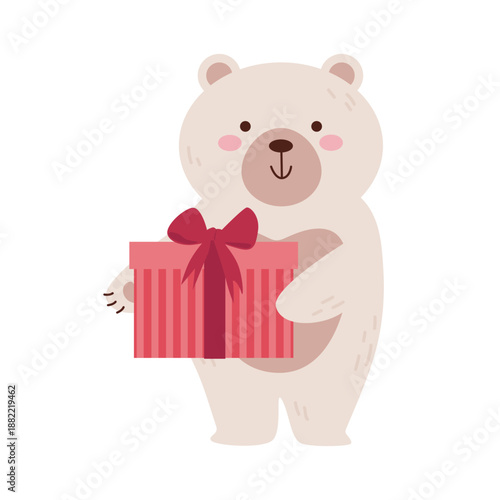 A cute polar bear holding a gift in its paws. Vector flat illustration of a character preparing for the holidays.