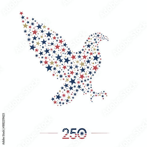 A digital illustration of an eagle made of red, white, and blue stars and dots, symbolizing America 250 anniversary, on a white background. Perfect for patriotic celebrations, historical