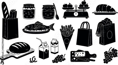 Black silhouette vector icons set of bread jars fish scale cheese grapes shopping bags and cartons with straws