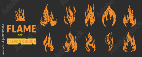 Chalk Fire flame grunge hand drawn crayon, chalk. Tattoo abstract y2k vintage simple shape. Scrapbook sticker with brush or crayon fire. Graffiti doodle.