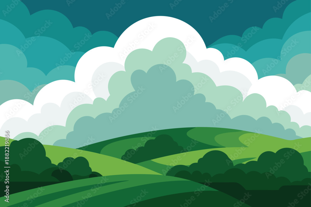 Obraz premium Rolling Green Hills Beneath Massive Clouds