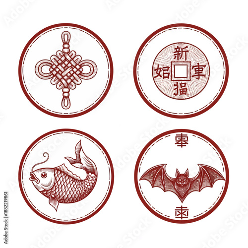 Auspicious Chinese Luck Symbols Vector Set: Knot, Coin, Fish, Bat