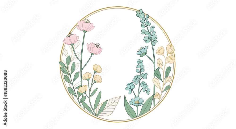 Obraz premium Golden circle frame with spring flowers and leaves, elegant floral border, botanical illustration