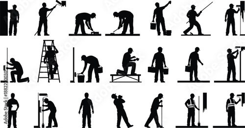 Construction worker silhouette set showing painting, repair, maintenance and building activities with tools and equipment, professional labor poses isolated on white background
