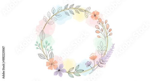 Watercolor floral wreath with leaves and branches, delicate pastel colors, spring botanical frame design