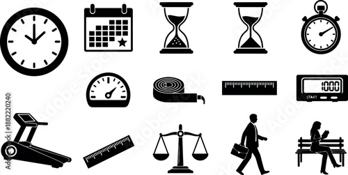 Silhouette business man walking with briefcase and woman reading book on bench with various time measuring icons and fitness equipment flat vector set