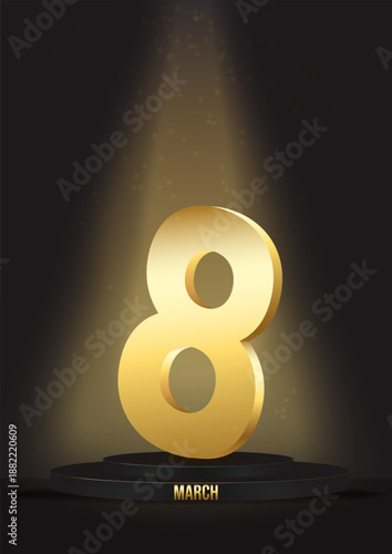 A black podium with a gold border, the number eight, and a signature on the podium. A template for posters, flyers, covers, packaging, postcards, etc.