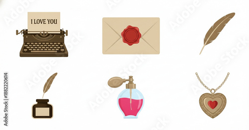 Vintage writing and romantic mementos collection typewriter, letter, ink, quill, perfume, locket