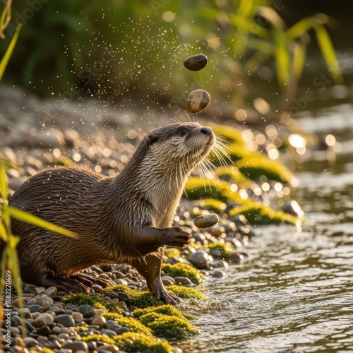 Curious River Otter Balancing Stones with Splashing Water in Nature