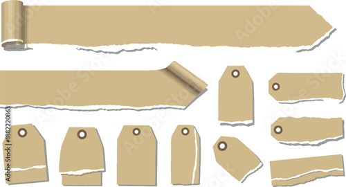 Set of Ripped Kraft Paper Strips and Torn Cardboard Price Tags Isolated on White