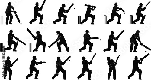 Cricket player silhouette set showing batting shots, defensive strokes, and action poses with bat and ball isolated on white background for sports design use