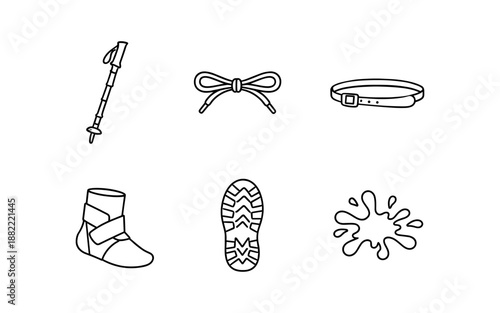 Collection of hand-drawn icons representing outdoor adventure and hiking gear essentials