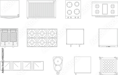 Kitchen appliance, top view, architectural plan, fridge, grill, multiple hob, oven, fryer, espresso machine, dish washer, fish cleaning counter, coffee grinder, trolley, customizable stroke, vector
