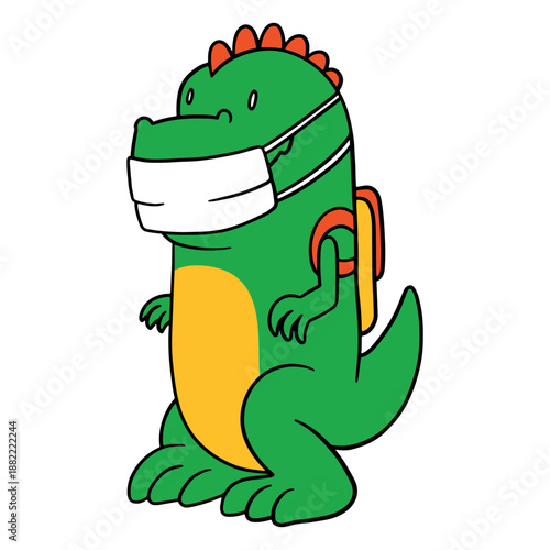 T-rex with face mask and backpack