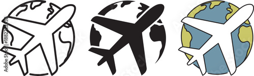 Airplane globe icon set black white blue green flat outline style vector art