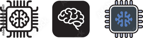 Artificial intelligence icons representing brain chip technology in outline solid and colored versions