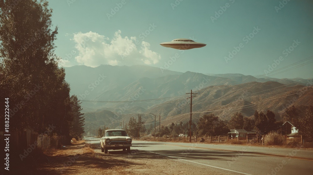 Naklejka premium Mysterious ufo flying over a vintage car on a desert road collage. Retro style alien spaceship visiting earth concept. Science fiction poster