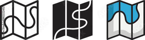 Folded paper map icons set with topographic path for travel navigation and outdoor adventures