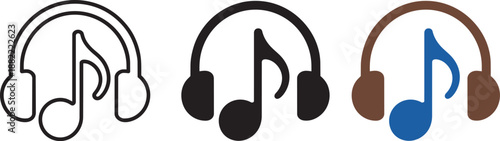 Headphone music note icon set black brown blue white flat outline style vector art