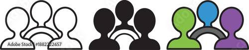 Group of people icons presenting teamwork and community in various styles outline solid and color