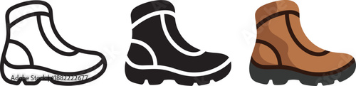 Hiking boot icons set for outdoor footwear and trekking equipment in outline and flat styles